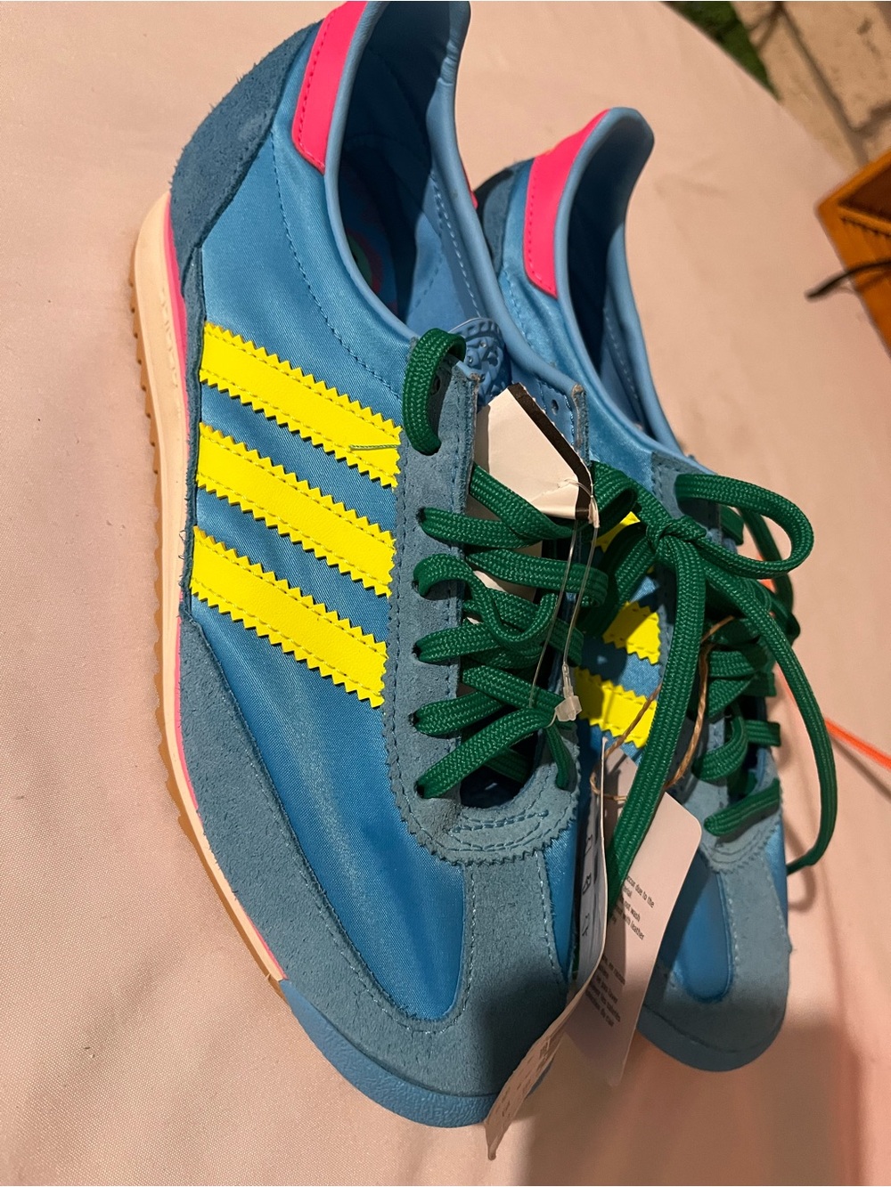 adidas Women’s Blue Sneakers with Yellow Stripes and Green Laces